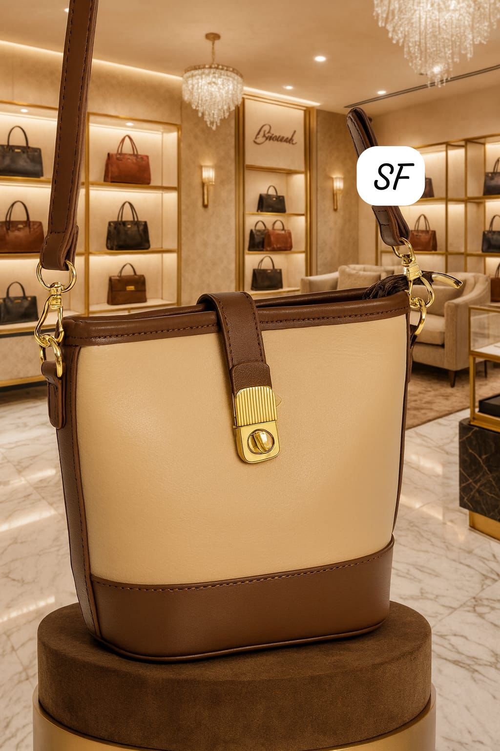 Beige and brown two-tone sling bag with gold hardware displayed in a boutique.