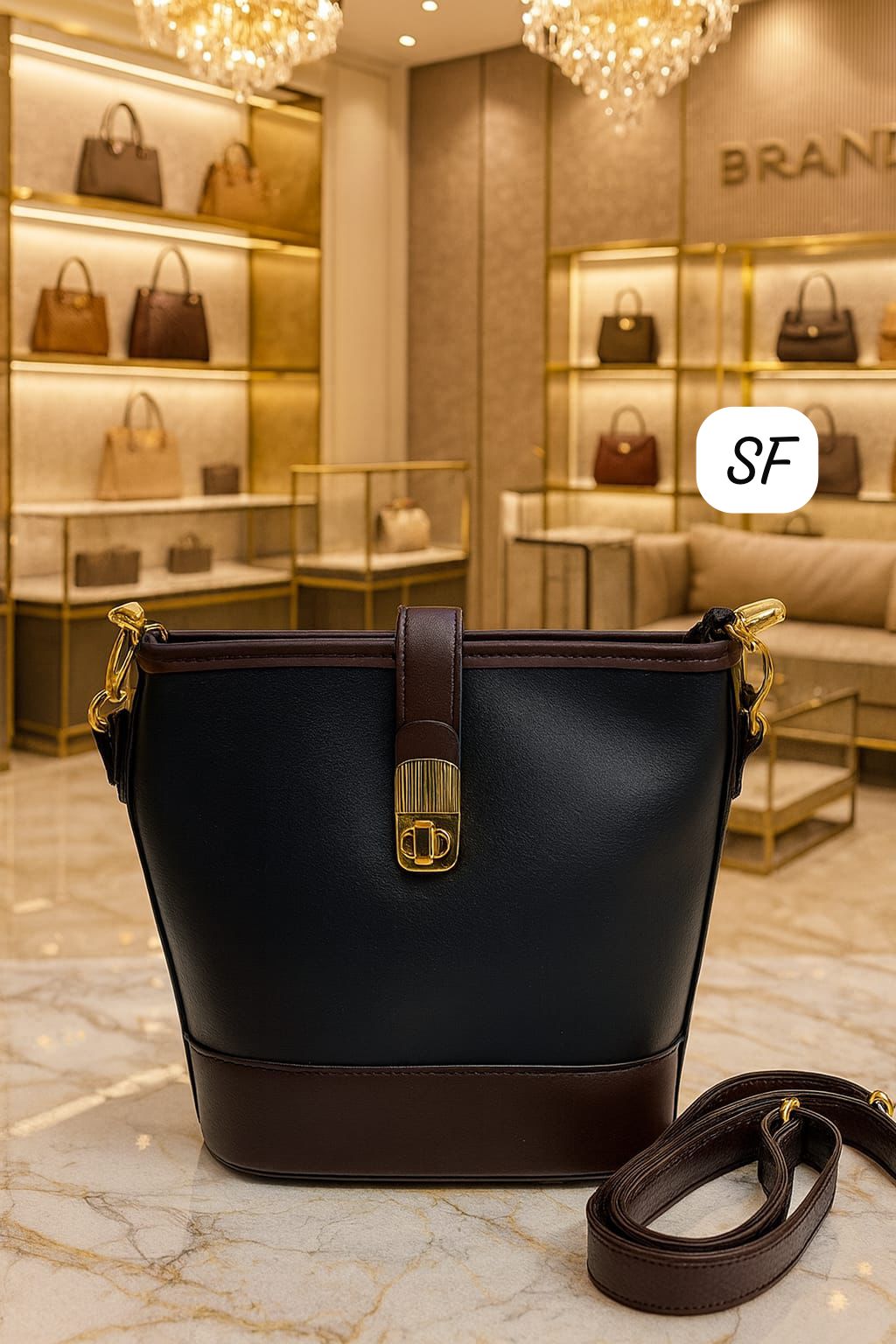 Black and dark brown two-tone sling bag with elegant gold clasp on a marble surface.