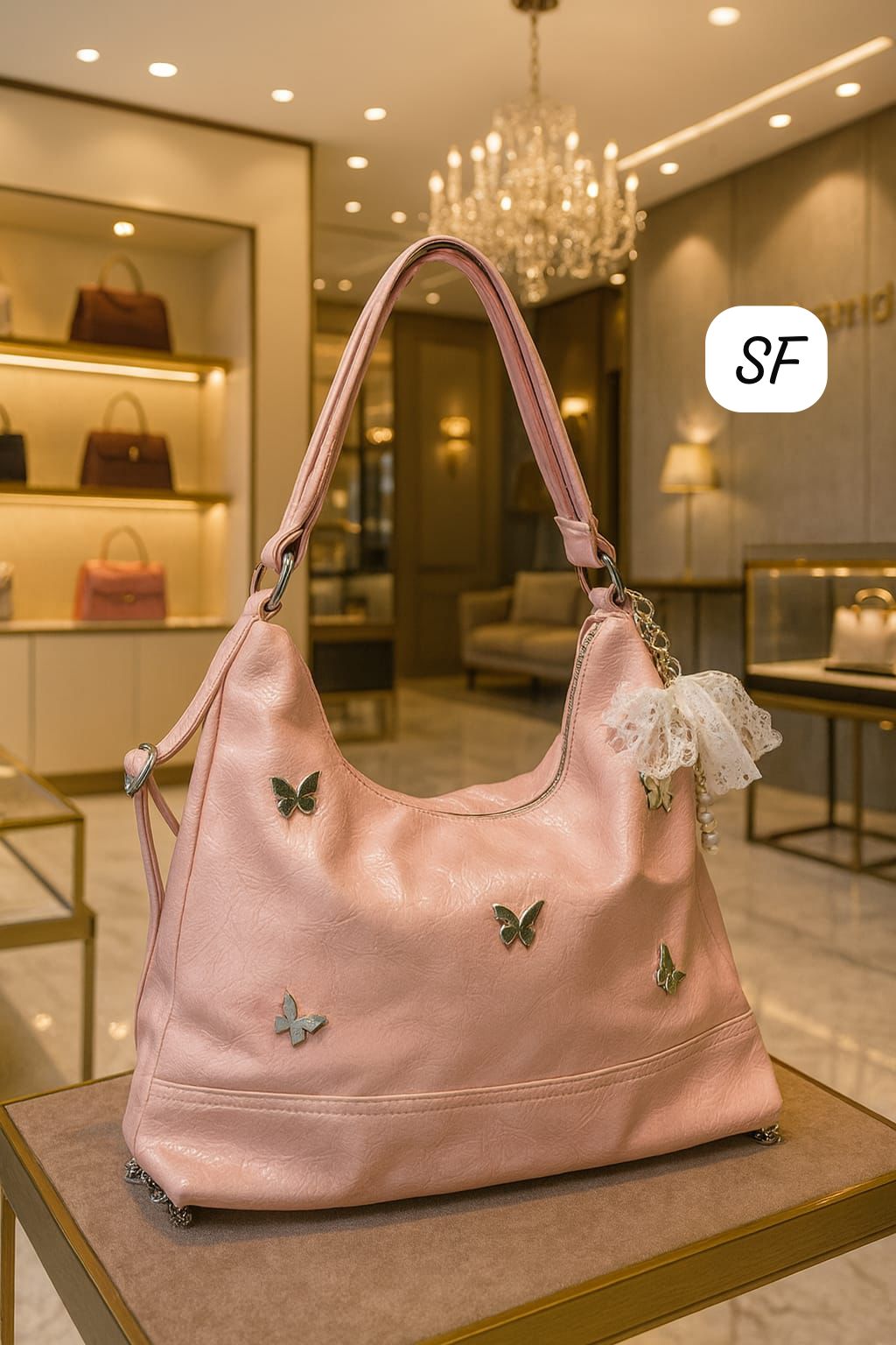 TRENDBUY pink convertible backpack sling bag with butterfly studs and lace charm in a luxury store setting.