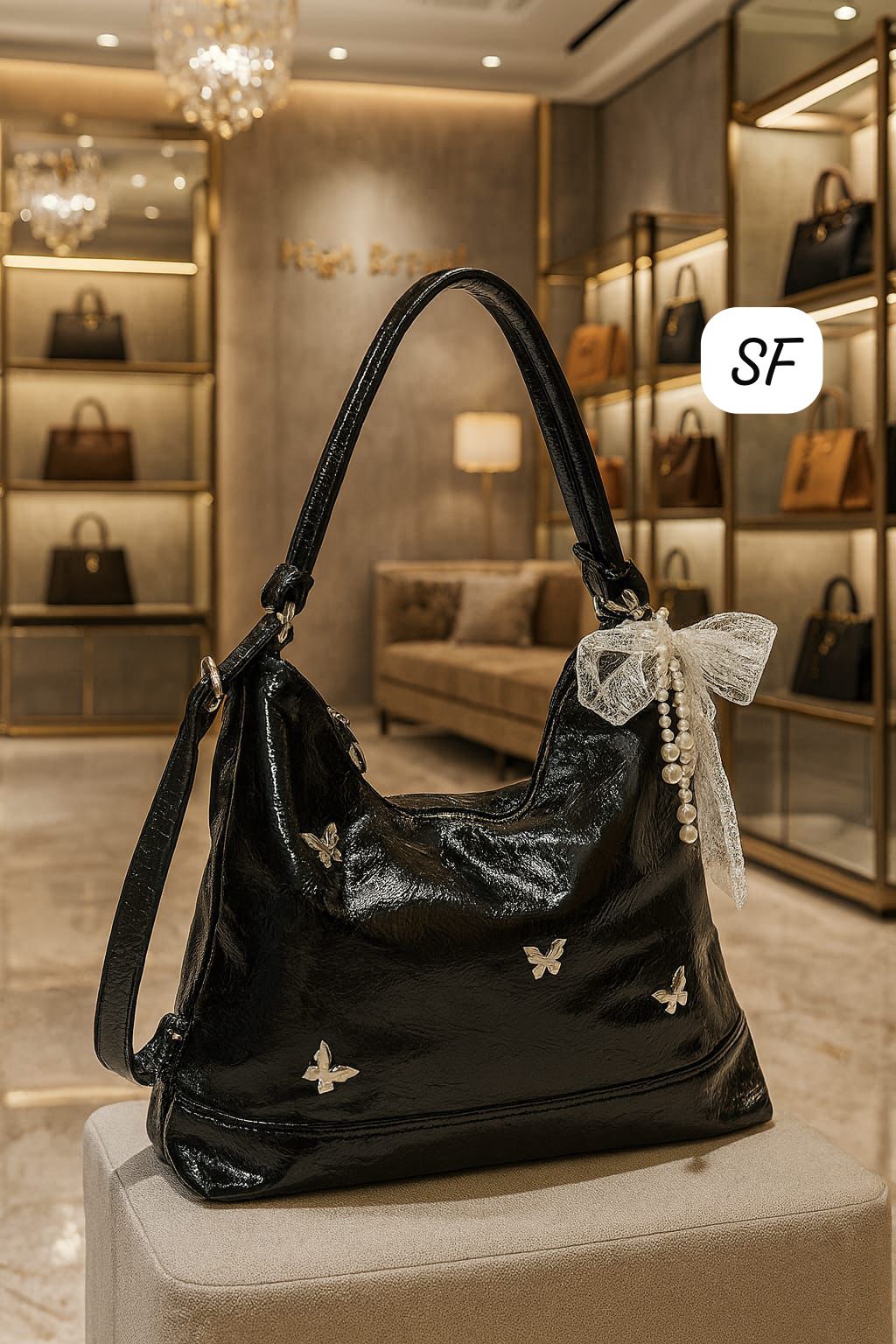 TRENDBUY black glossy convertible backpack sling bag featuring butterfly studs and a delicate lace and pearl accessory.