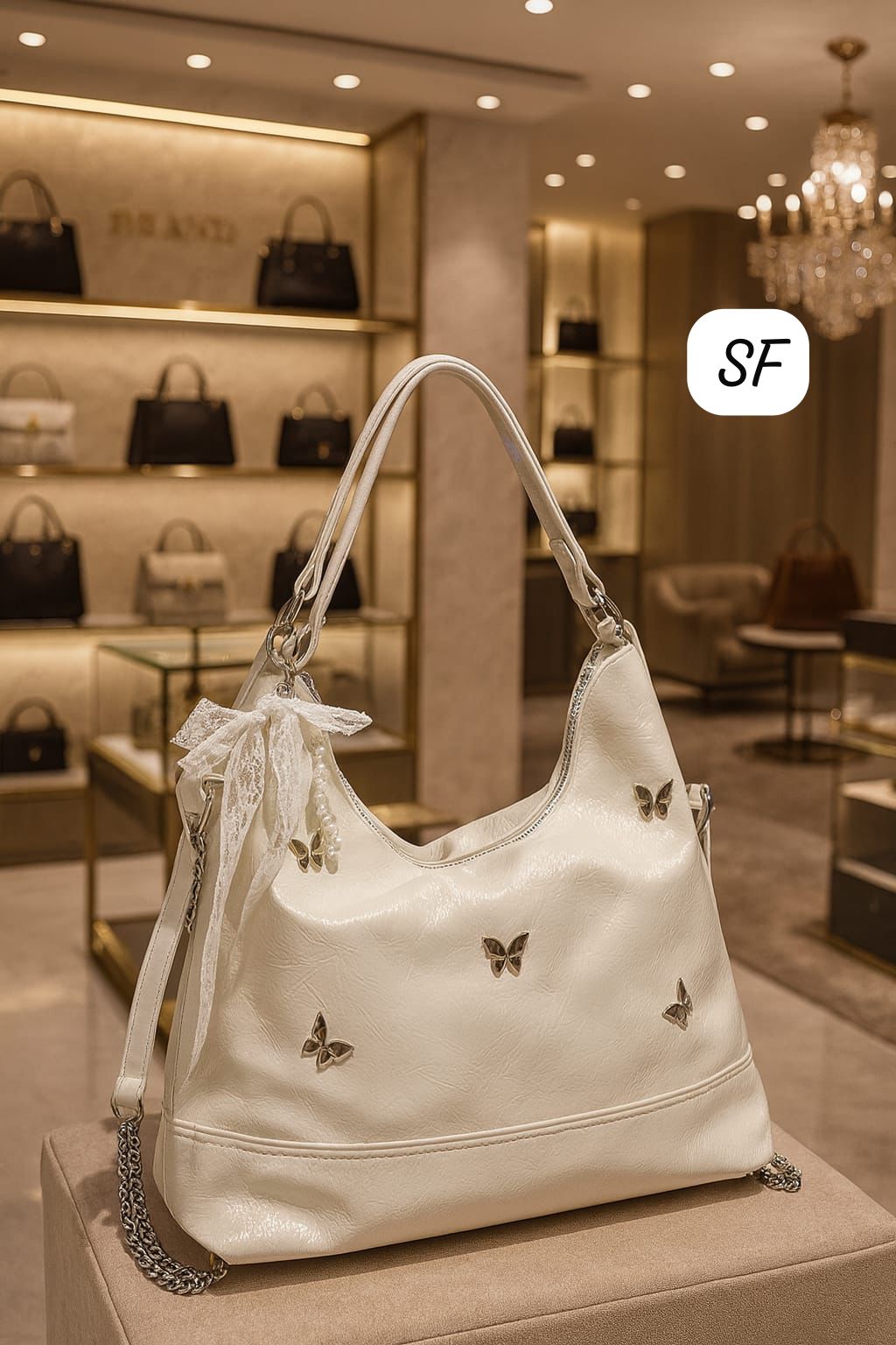 TRENDBUY white premium convertible backpack sling bag with elegant butterfly embellishments and pearl charm.