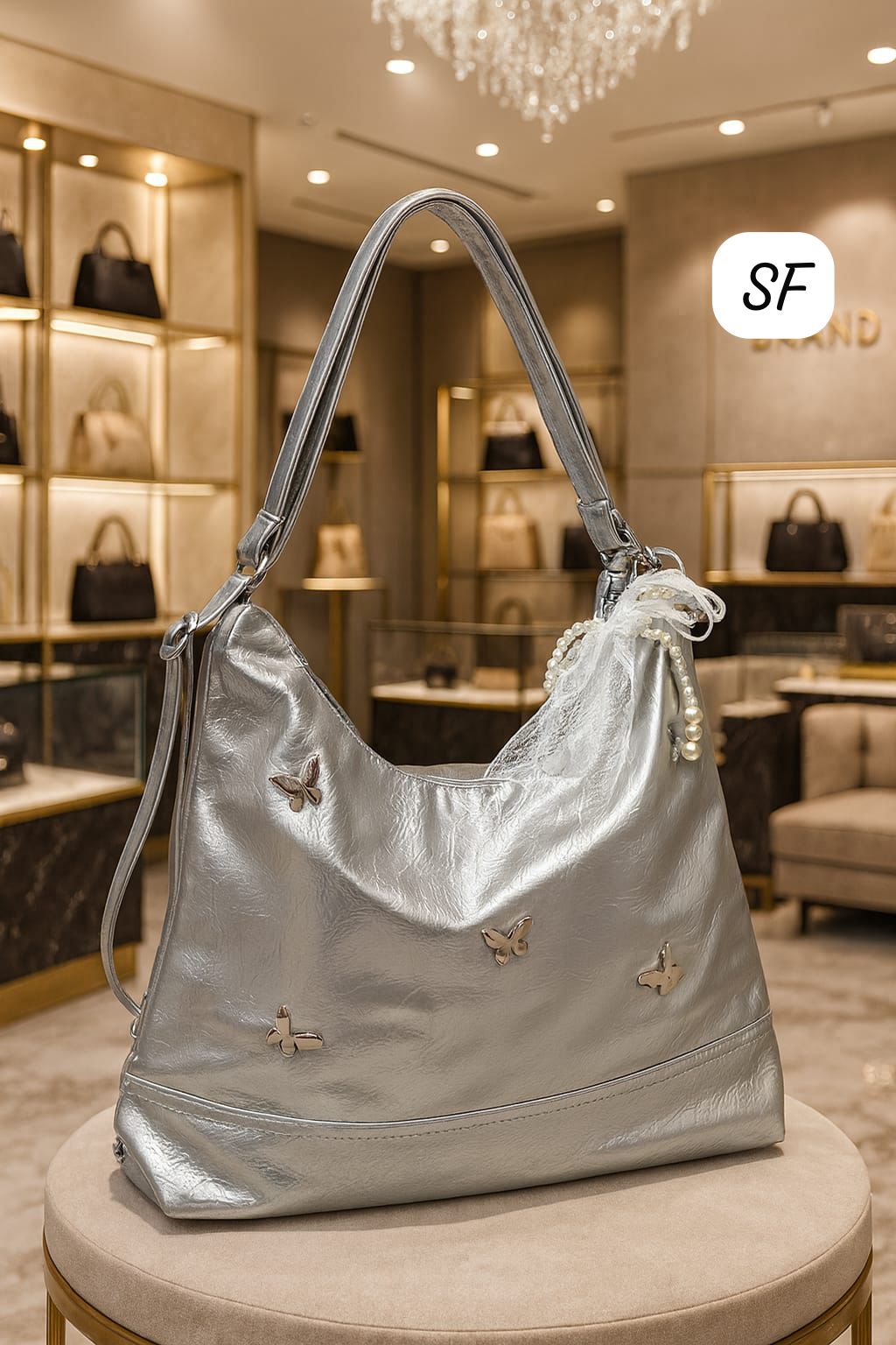 TRENDBUY silver metallic convertible backpack sling bag, adorned with butterfly appliques and a decorative pearl and lace charm.