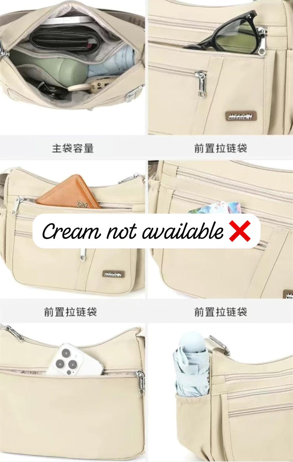 Detail view of a sling bag's interior showing a spacious main compartment, along with various exterior pockets holding sunglasses, a wallet, a smartphone, and a small umbrella, demonstrating organizational capacity.