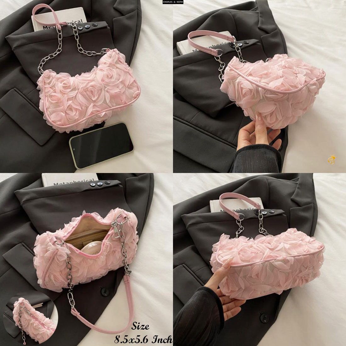 TRENDBUY Charles & Keith style 3D rose textured pink sling bag collage showing size (8.5x5.6 Inch), interior, and details.