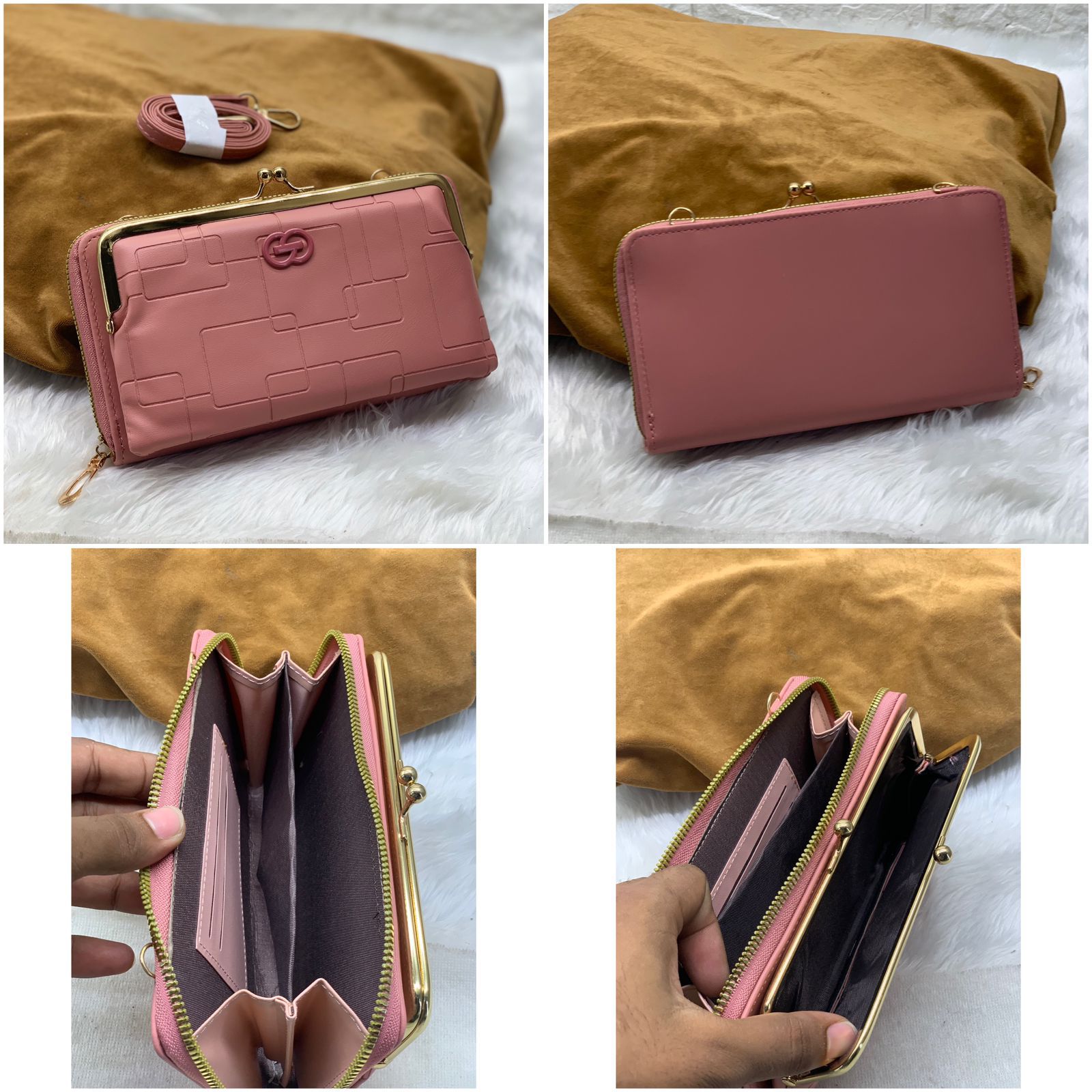 TRENDBUY rose pink wallet sling bag collage: front, back, open interior with card slots, and hand holding open wallet.