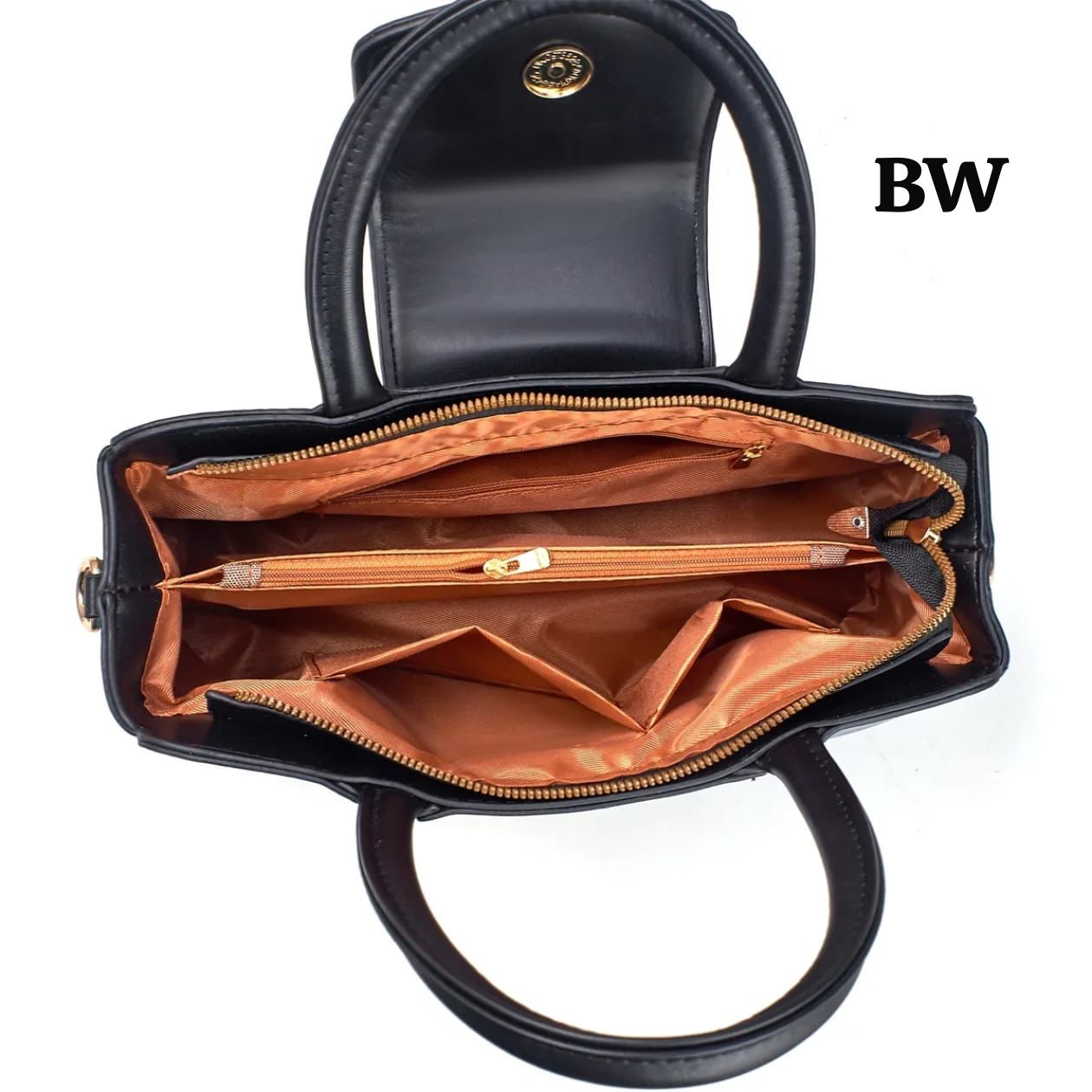 Overhead view of the TRENDBUY floral handbag's interior, showcasing spacious dual compartments with zipper closures and multiple slip pockets, in a rich copper lining.
