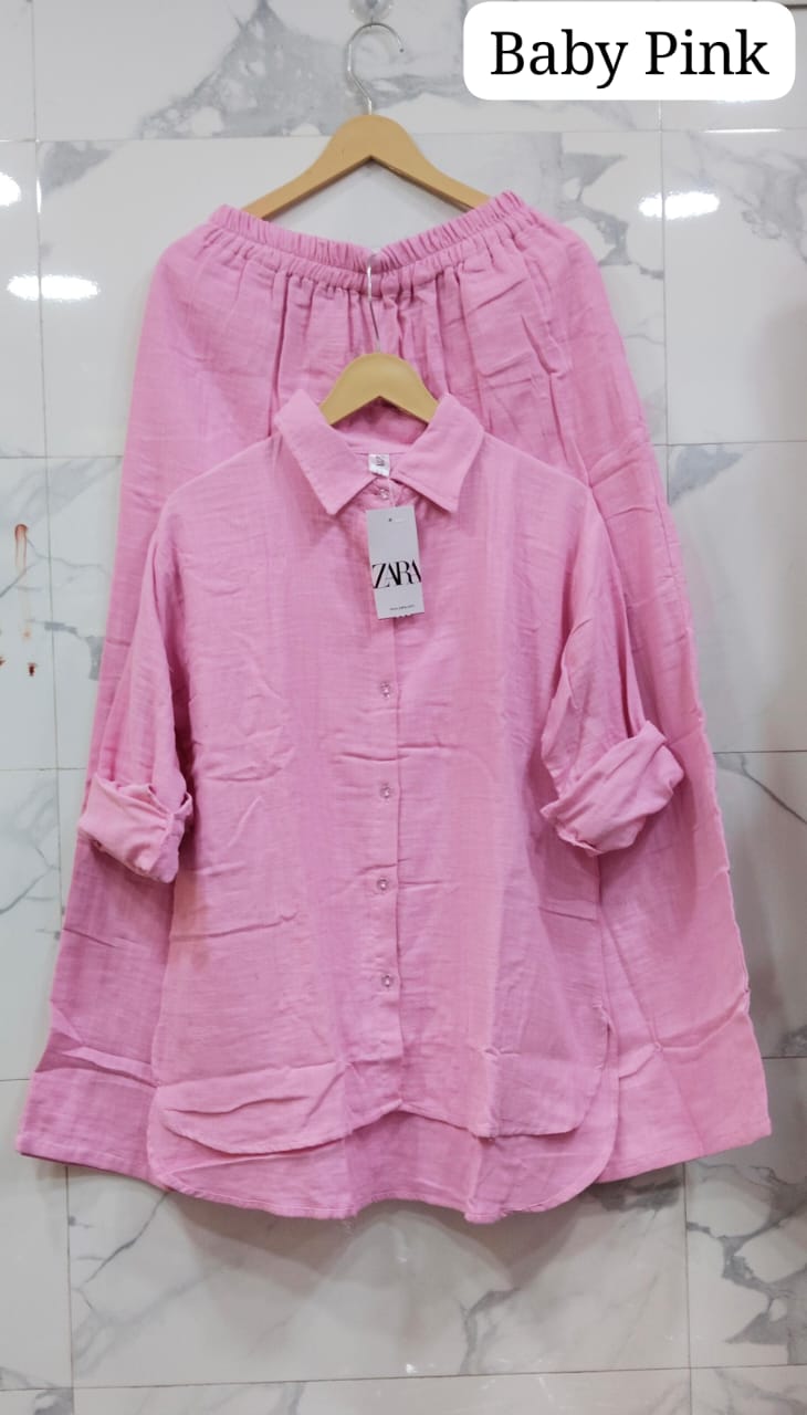 Delicate Baby Pink Mul Mul Cotton Cord Set, labeled 'Baby Pink' and displayed on a marble background.