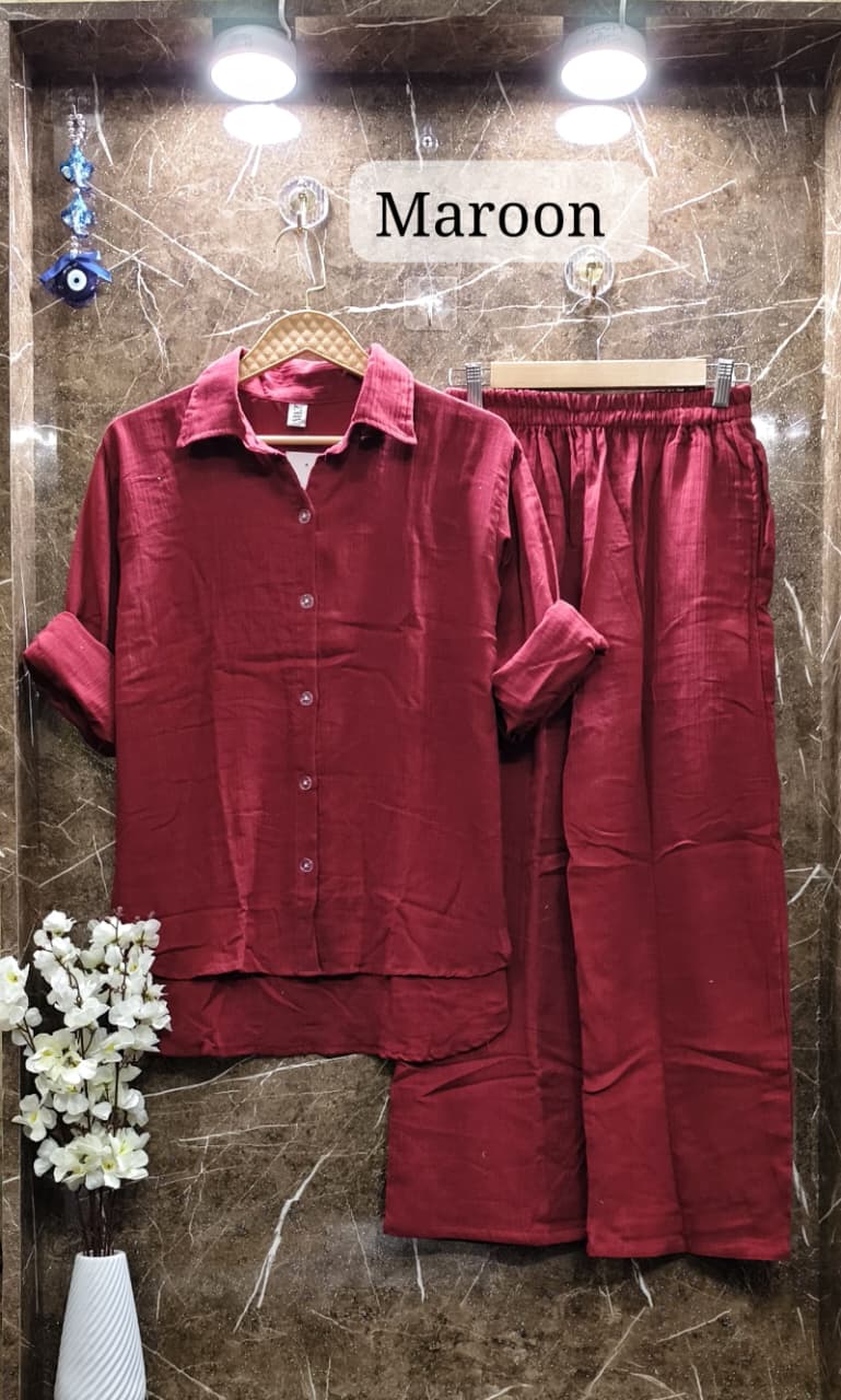Rich Maroon Mul Mul Cotton Cord Set, showcasing the unique updown hemline, labeled 'Maroon'.