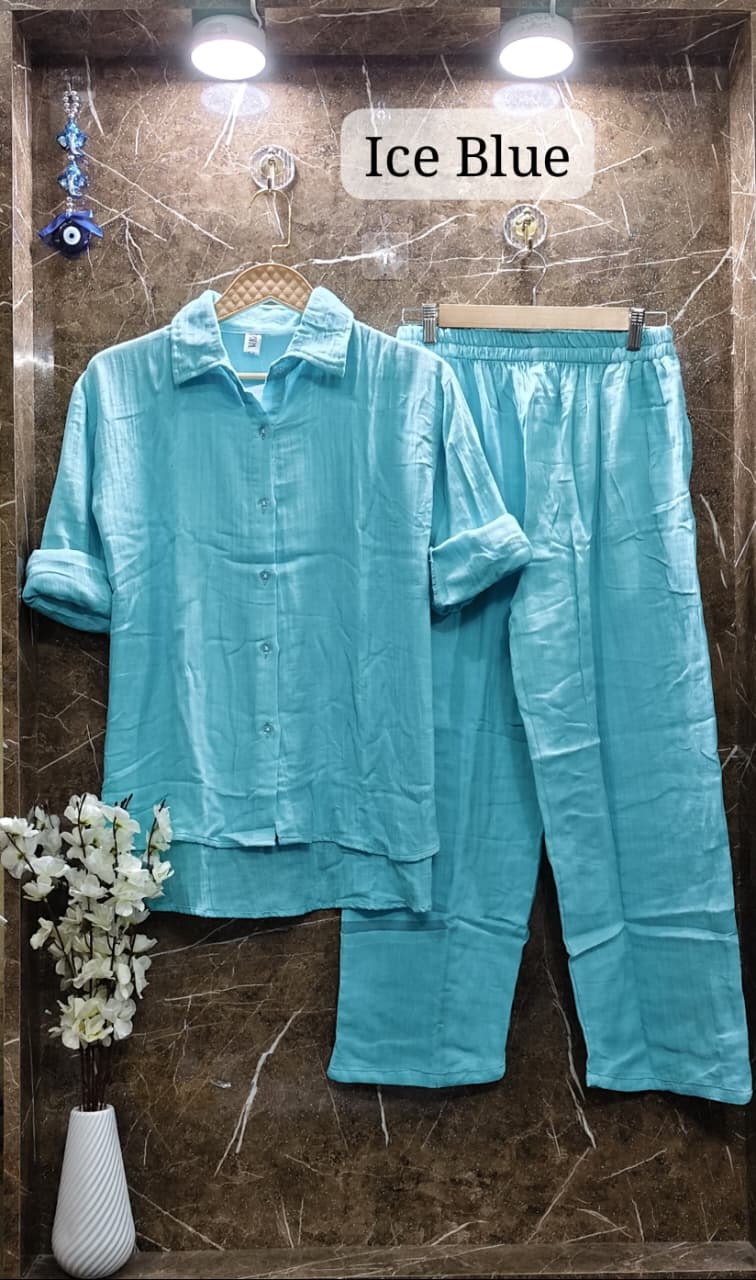Serene Ice Blue Mul Mul Cotton Cord Set, labeled 'Ice Blue', perfect for a cool, calm look with flowers.