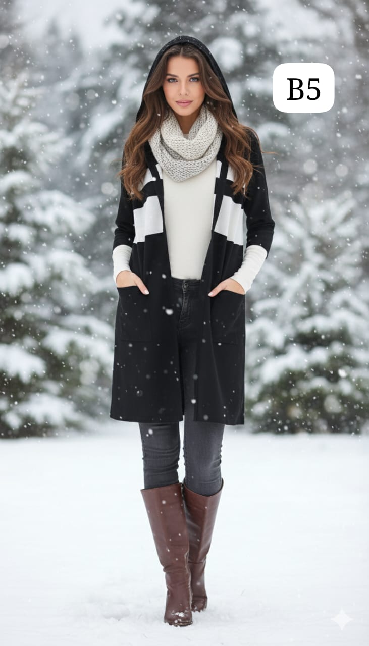 TRENDBUY women's B5 black and white striped hooded longline cardigan shrug in a snowy winter landscape.