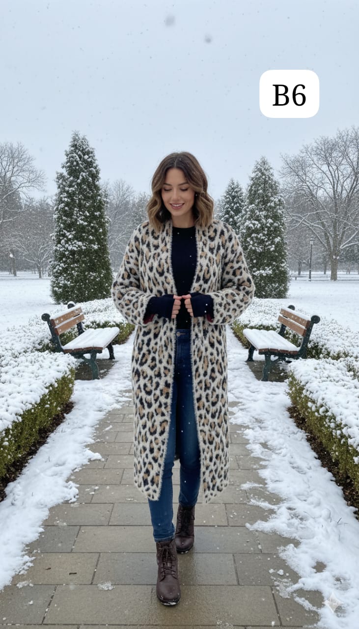 TRENDBUY women's B6 leopard print longline cardigan shrug, walking gracefully in a snowy park setting.