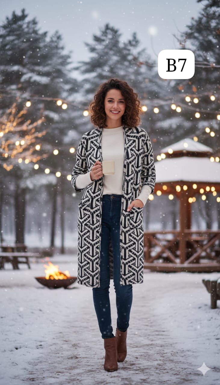 TRENDBUY women's B7 black and white geometric pattern longline cardigan shrug, smiling in a winter park with fairy lights.