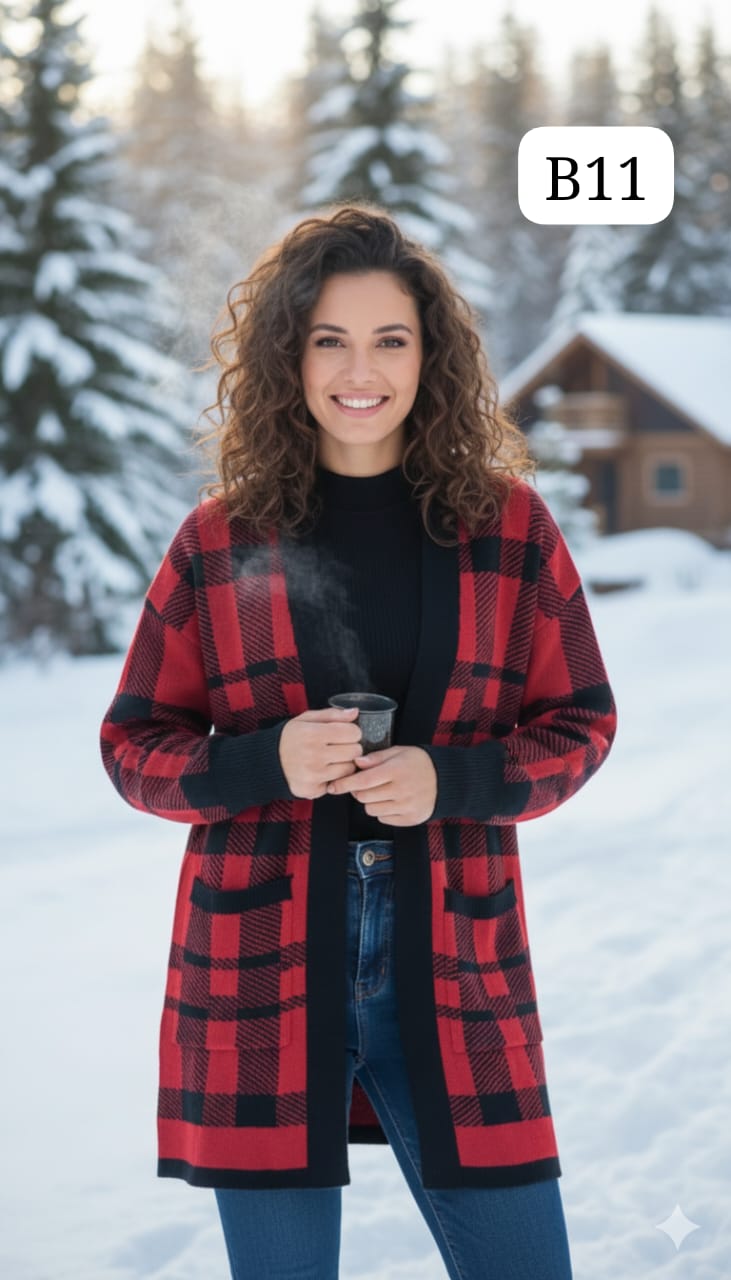 TRENDBUY women's B11 red and black buffalo check plaid longline cardigan shrug, holding a warm drink in a cozy snowy cabin scene.