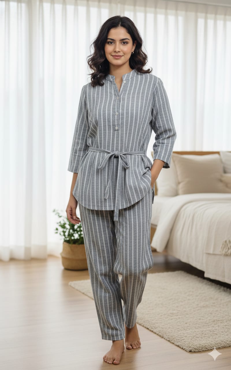 Model wearing TRENDBUY grey striped cotton fleece loungewear cord set with waist tie, walking in a bright room.