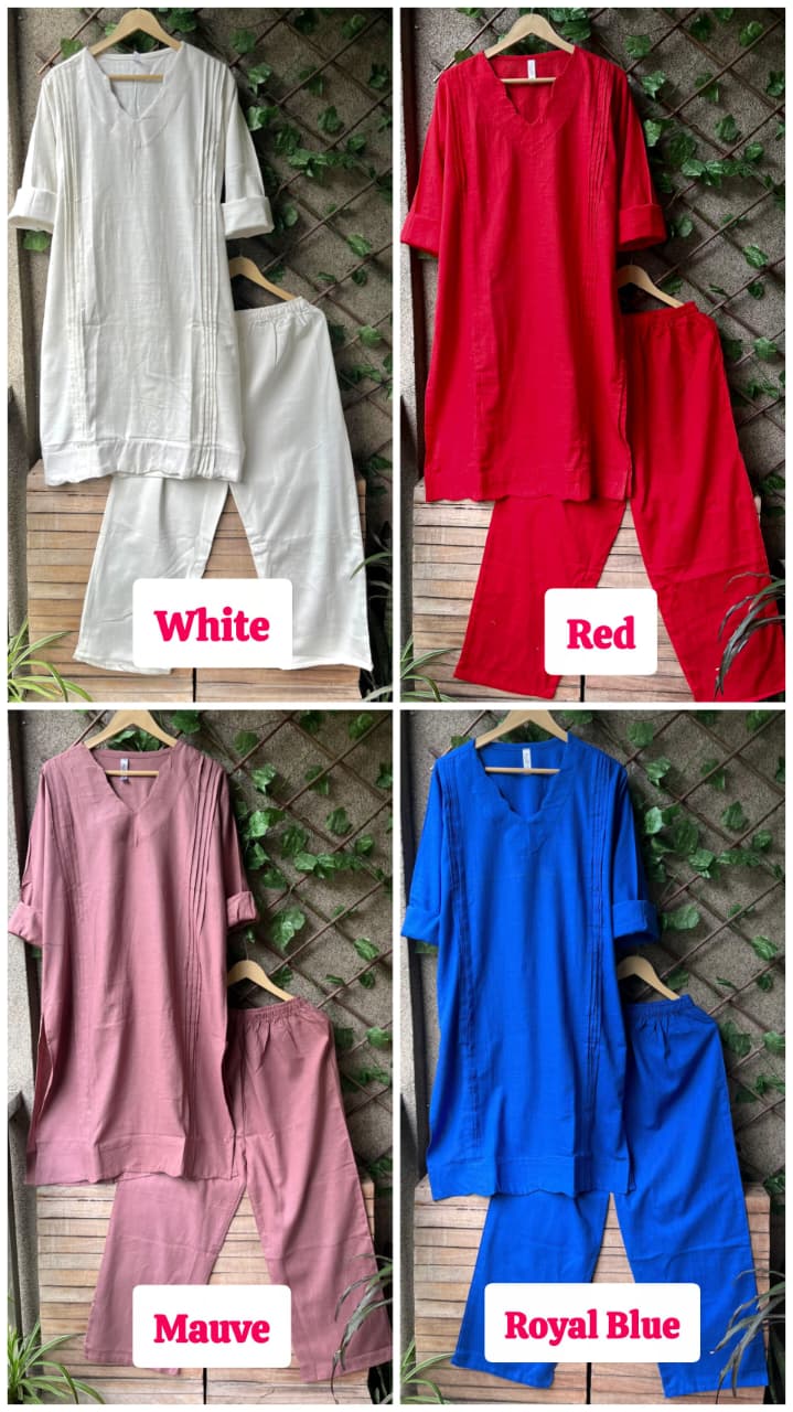 TRENDBUY Pleated Cotton Blend Kurti Cord Set available in White, Red, Mauve, and Royal Blue