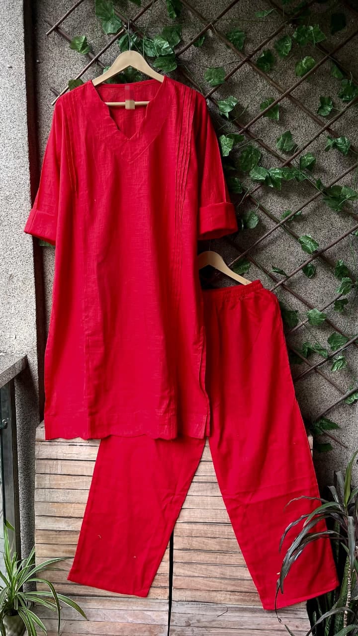 TRENDBUY Pleated Cotton Blend Kurti Cord Set in Red