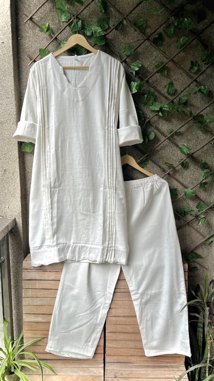 TRENDBUY Pleated Cotton Blend Kurti Cord Set in White