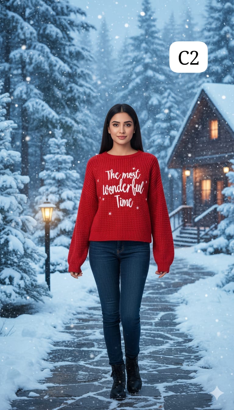 TRENDBUY C2 red 'The most wonderful time' knit sweater, styled with jeans in a snowy winter landscape.