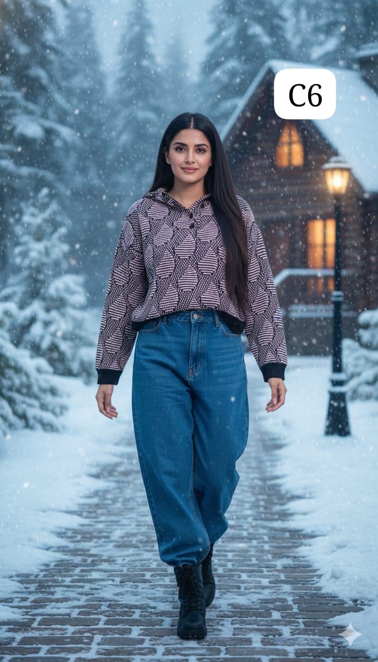 TRENDBUY C6 pink and black geometric print hoodie sweater, paired with baggy jeans in a snowy forest scene.