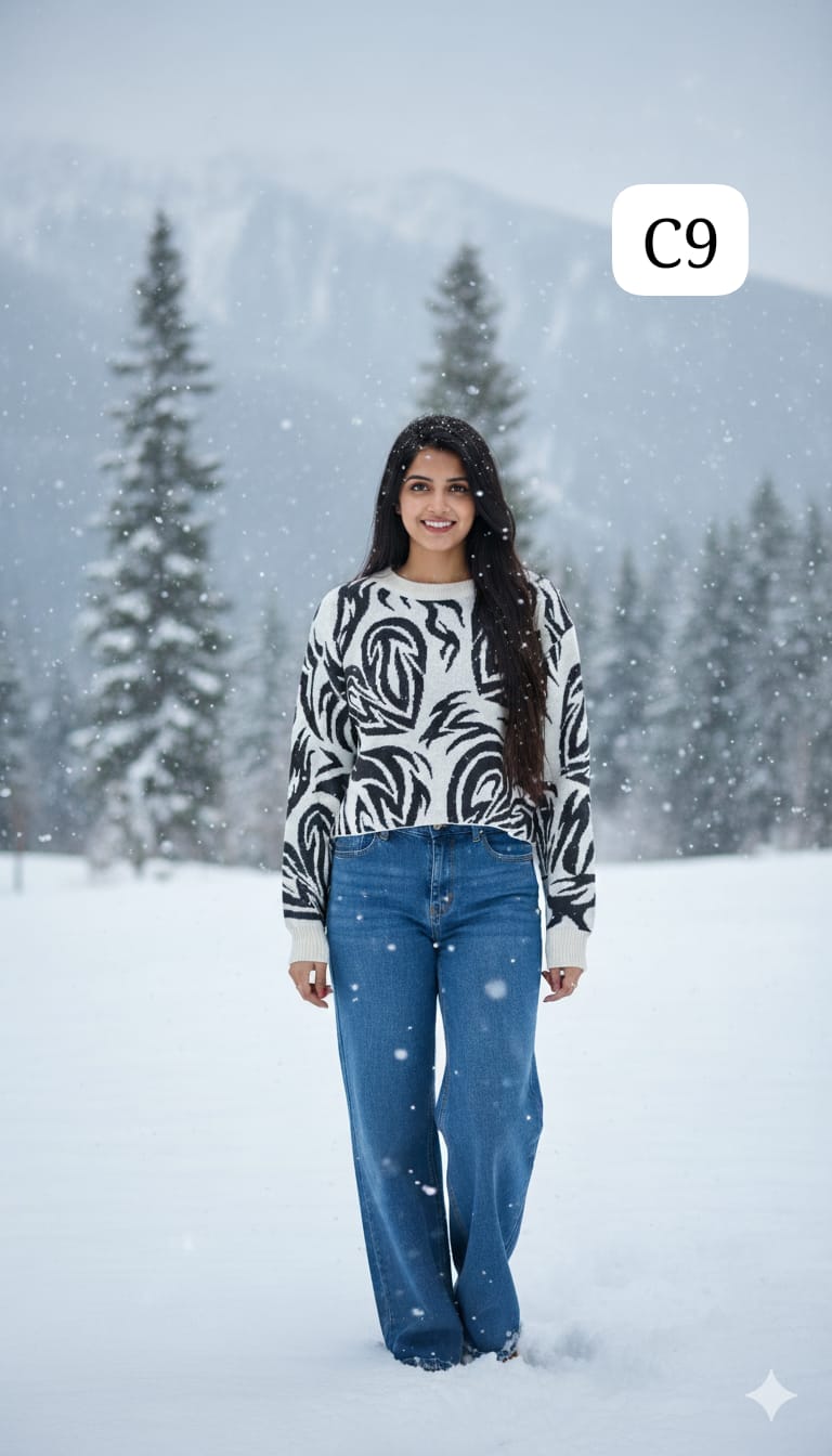 TRENDBUY C9 striking black and white abstract swirl print sweater, adding an artistic touch to winter fashion.