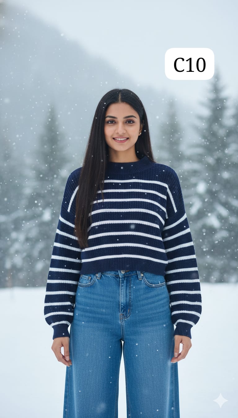 TRENDBUY C10 classic navy and white striped crop sweater, offering a timeless and cozy winter style.