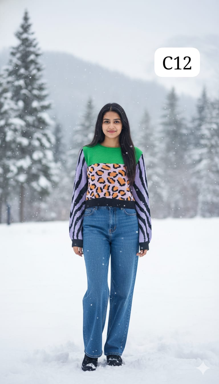 TRENDBUY C12 unique multi-color block sweater with animal print and striped sleeves, a bold winter statement piece.