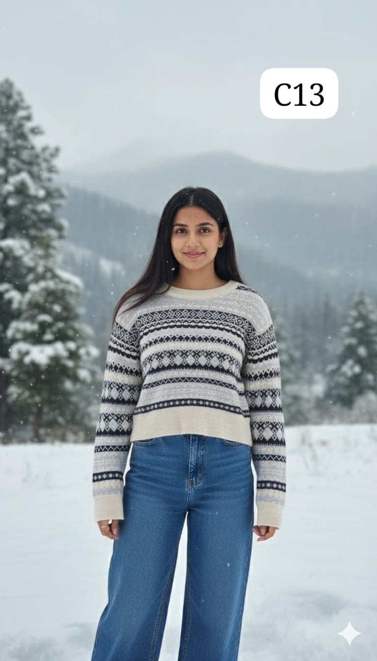 TRENDBUY C13 elegant grey and black fair isle patterned crewneck sweater, perfect for traditional winter charm.