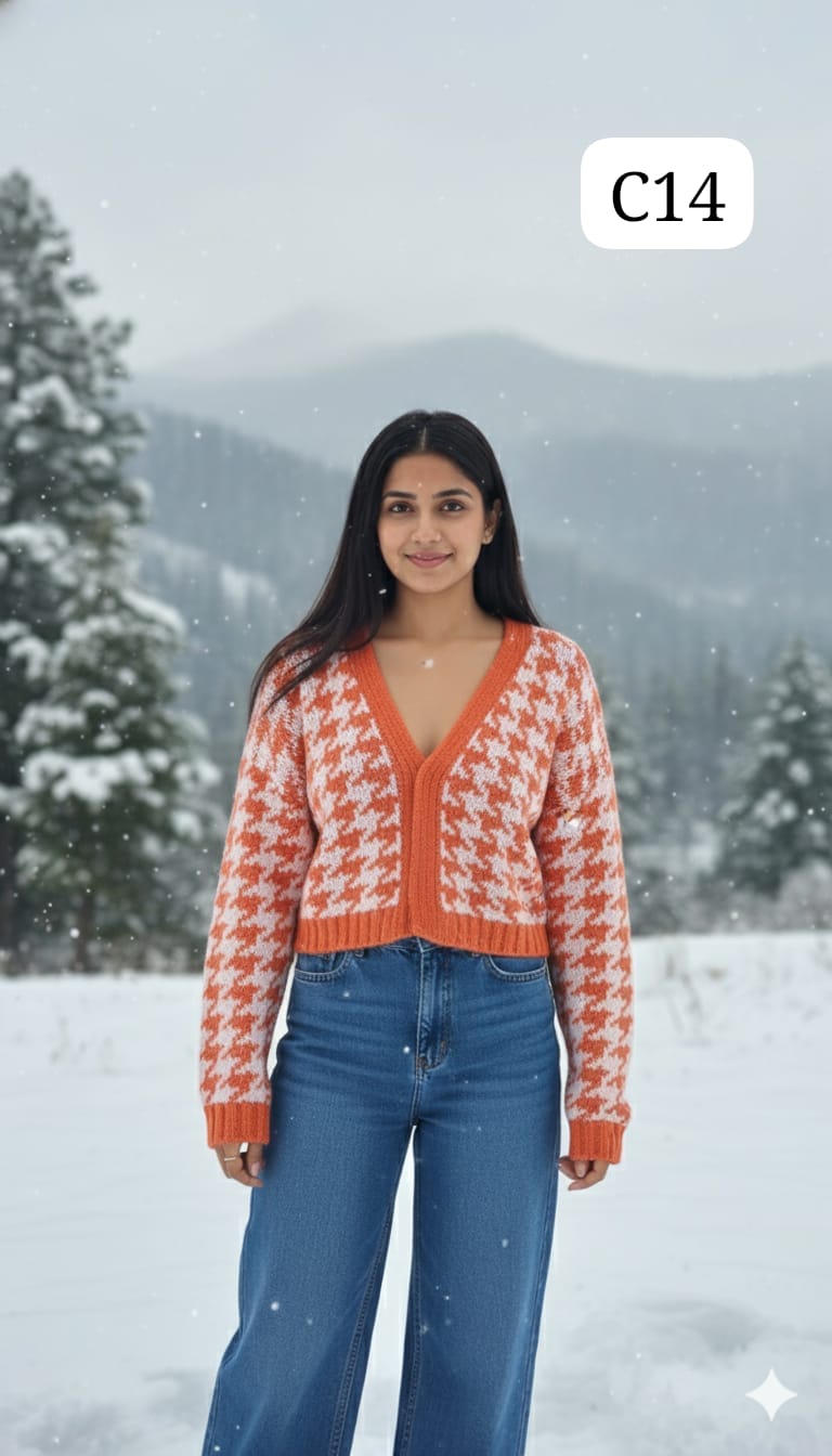 TRENDBUY C14 cozy orange and white houndstooth pattern V-neck cardigan, featuring a button-up front.