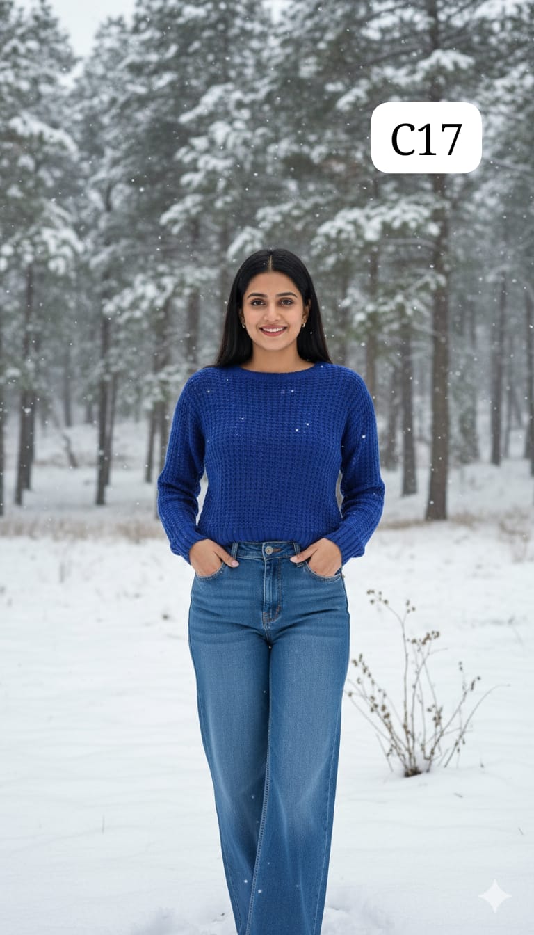 TRENDBUY C17 vibrant royal blue textured knit crewneck sweater, a comfortable and bright addition to your winter wardrobe.
