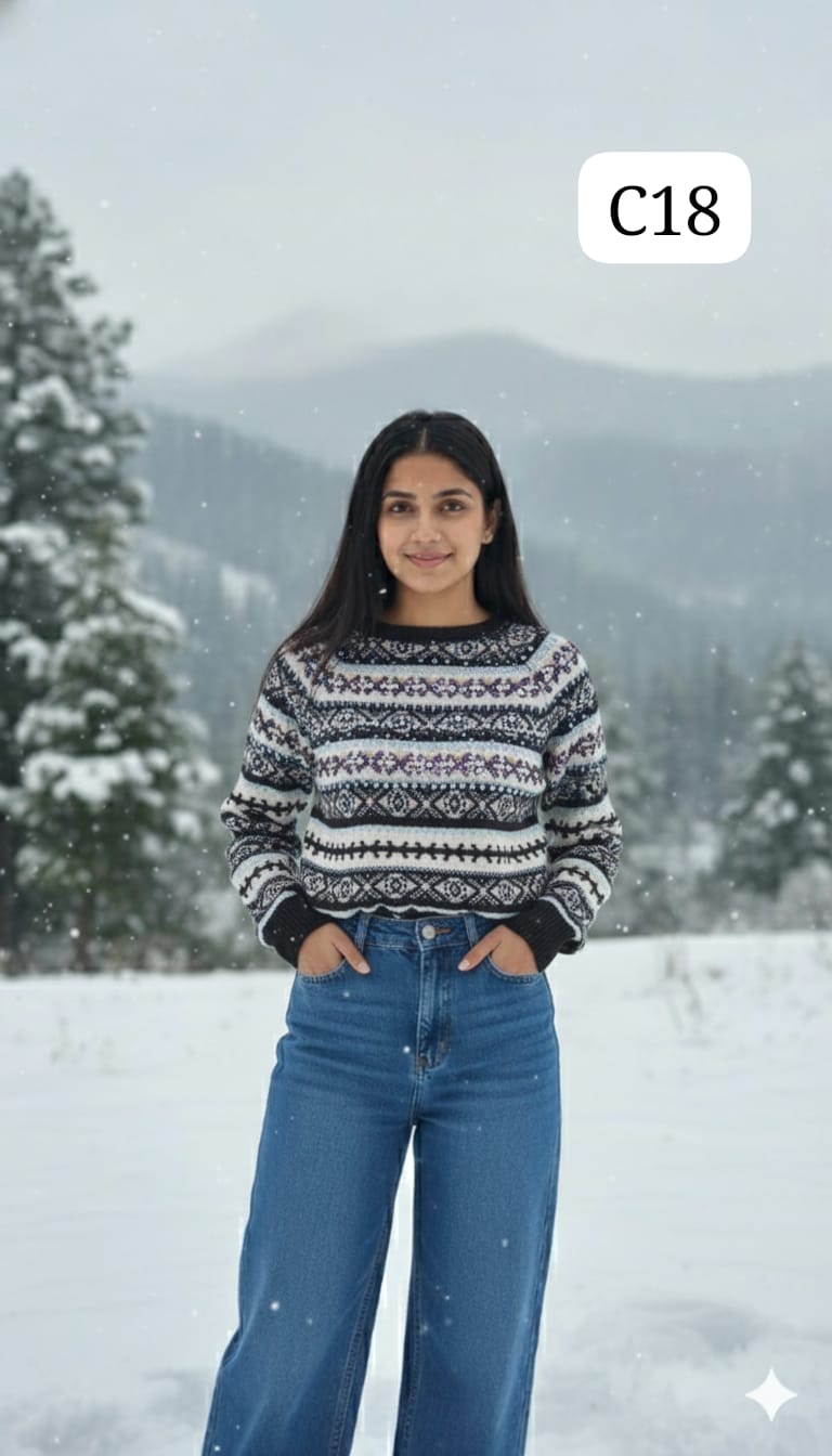 TRENDBUY C18 sophisticated white and black fair isle pattern sweater with contrast black cuffs, suitable for festive winter occasions.