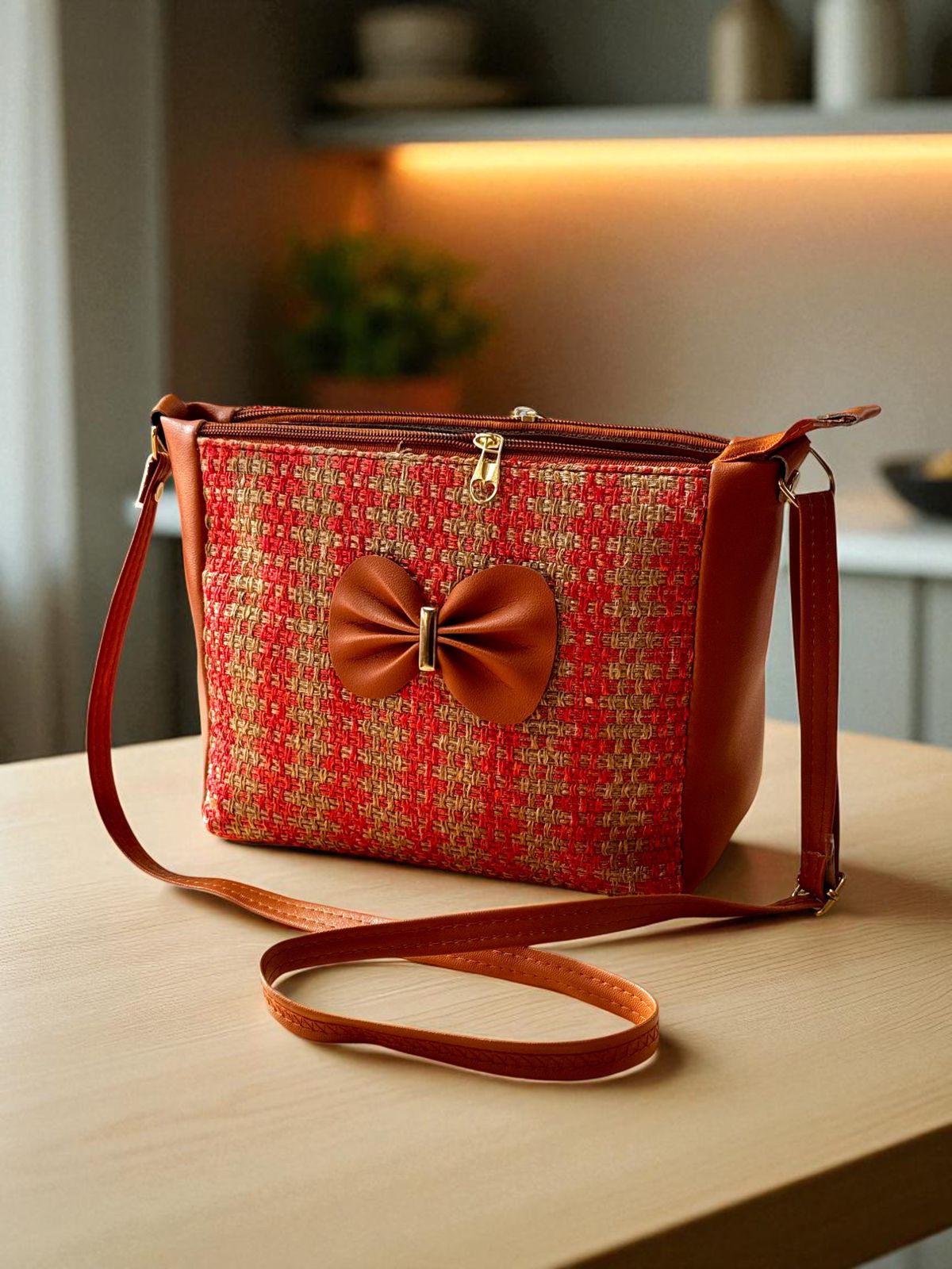 TRENDBUY red and beige checkered bucket sling bag with a brown bow detail, on a wooden table.