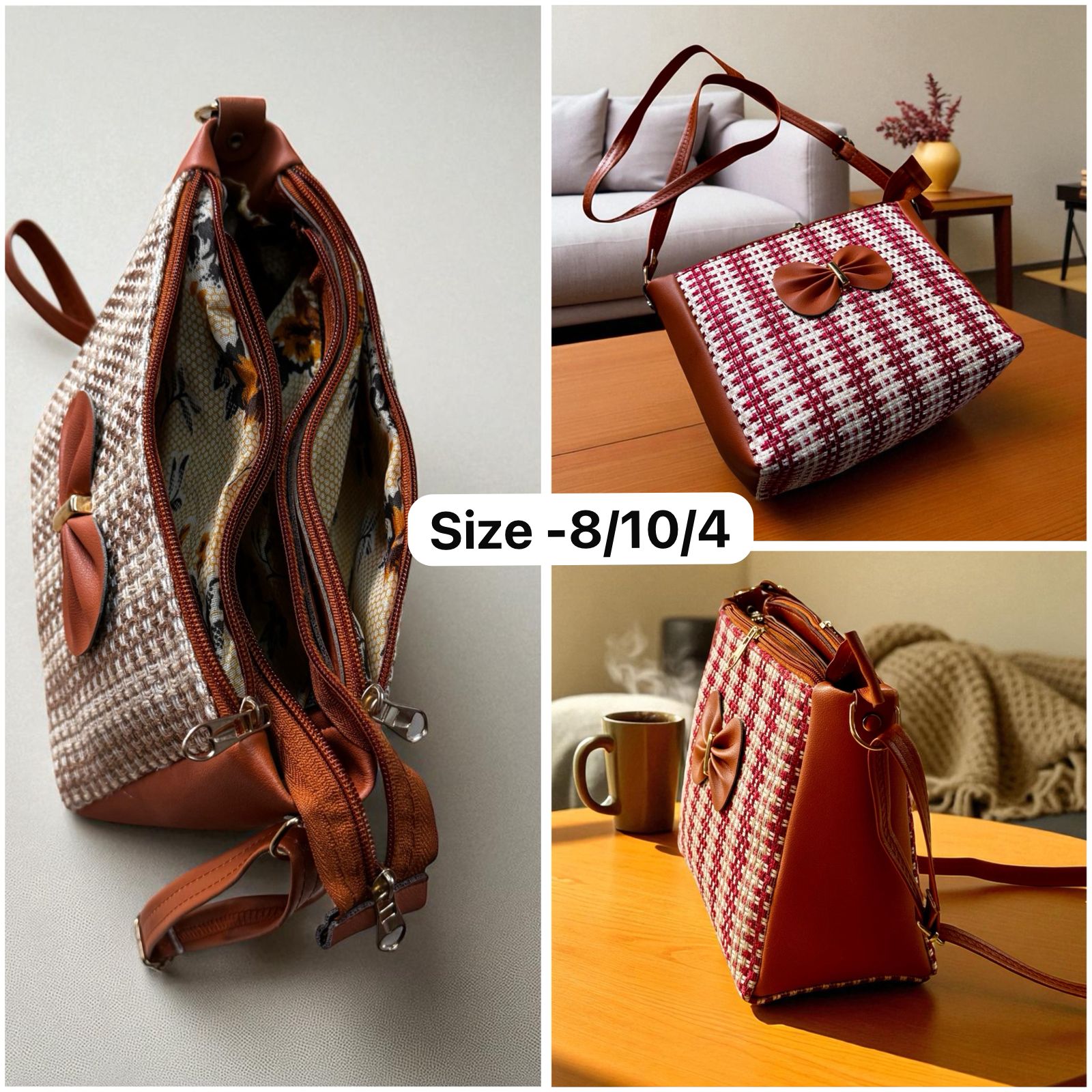 Collage showing the spacious interior with three zipper compartments of the TRENDBUY bucket sling bag, a full view of the red bag from above, and a side profile highlighting its structure, with 'Size - 8/10/4' indicating dimensions.