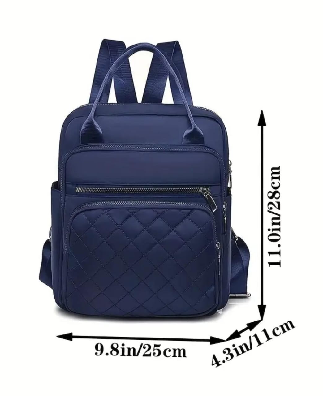 Navy blue quilted nylon backpack with precise dimensions (11.0in/28cm H, 9.8in/25cm W, 4.3in/11cm D).