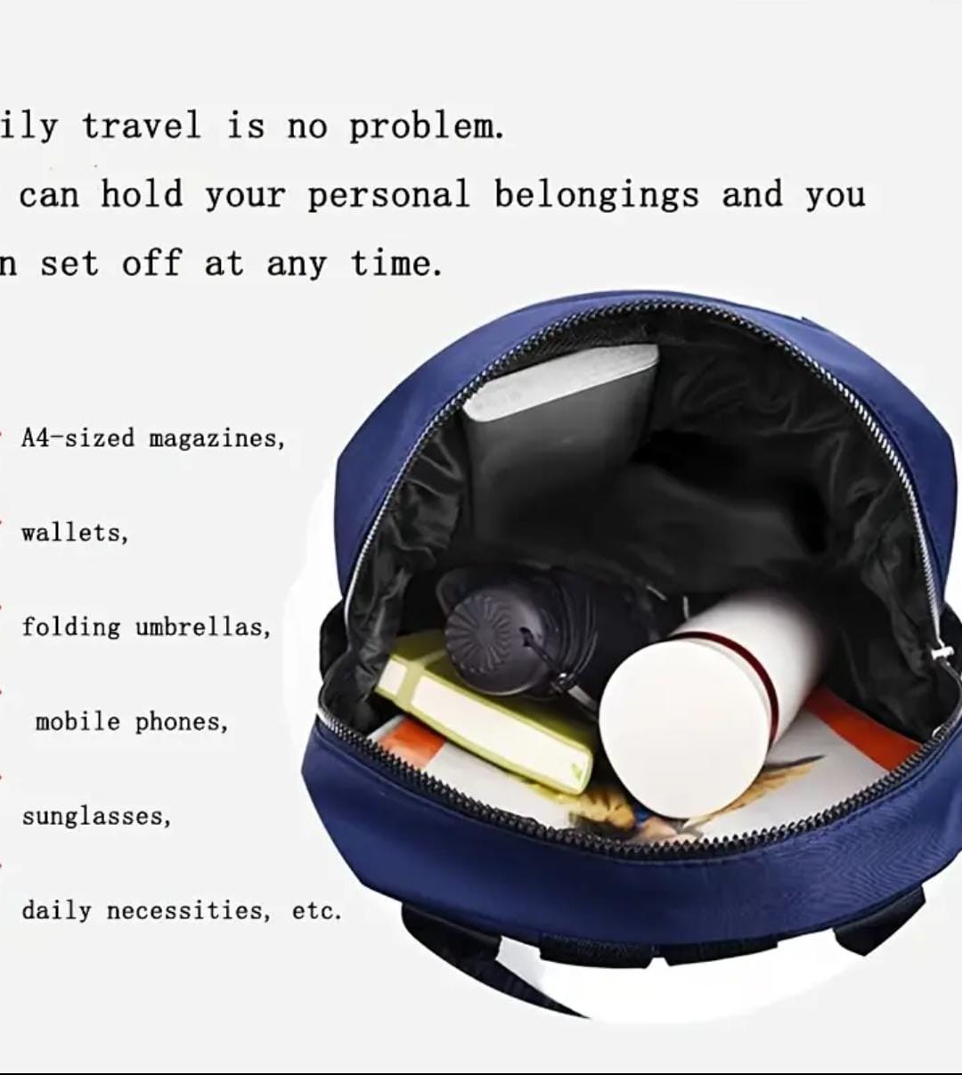 Interior view of the blue quilted backpack, showcasing its capacity for A4 magazines, water bottle, umbrella, and other essentials.