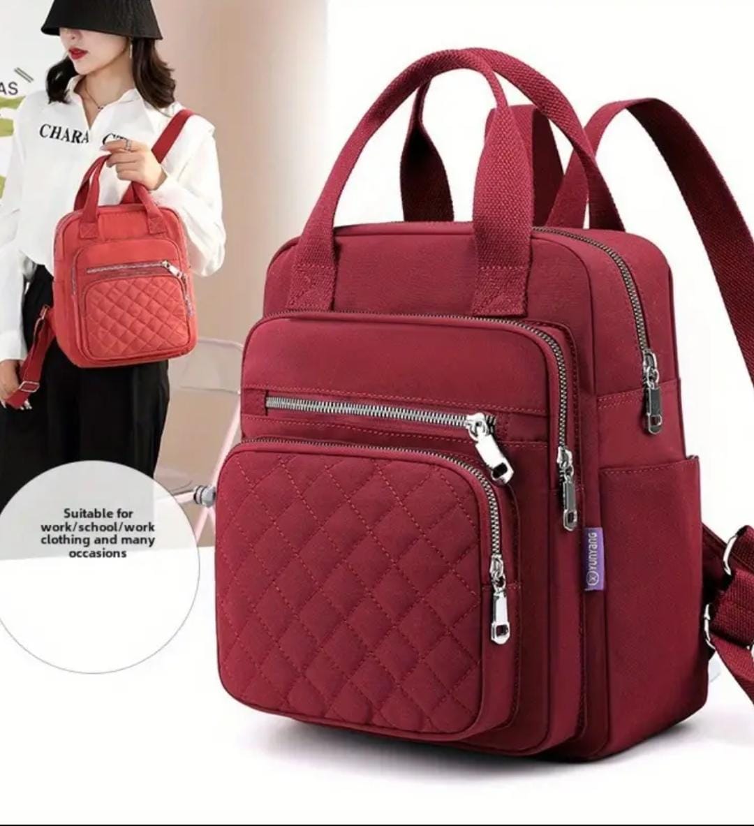 Woman showcasing the red quilted nylon backpack, with a callout noting its suitability for work, school, and various occasions.