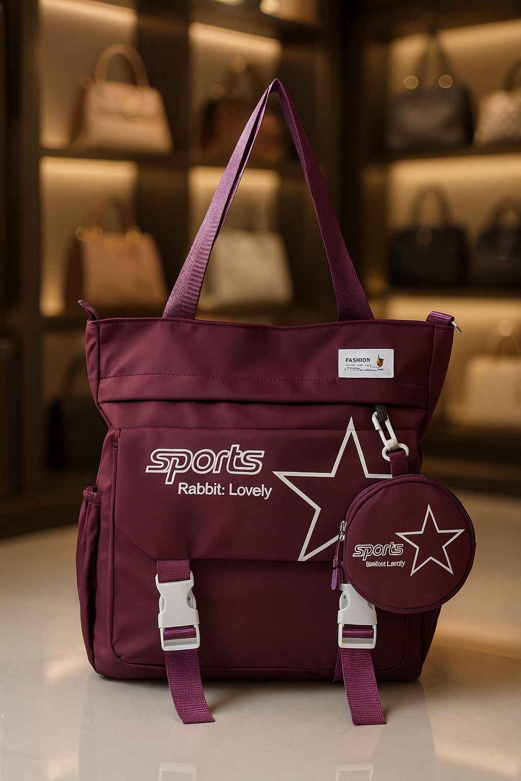 TRENDBUY Maroon imported tote bag with star design and matching coin pouch, showcasing its rich color.