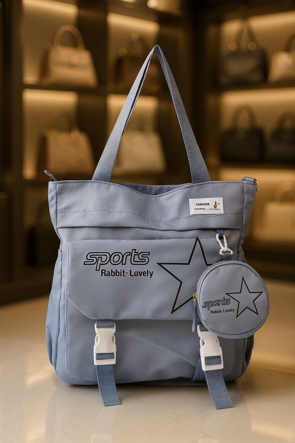 TRENDBUY Light Blue imported tote bag with star design and matching coin pouch, against a soft background.