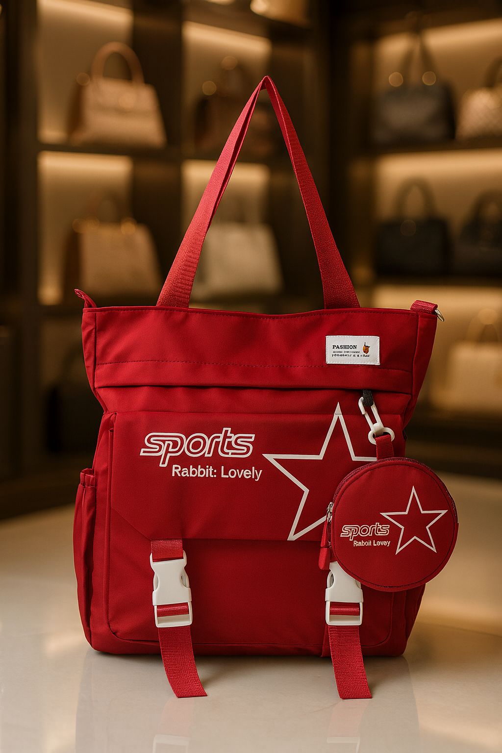 TRENDBUY Red imported tote bag with star design and matching coin pouch, highlighting its vibrant hue.