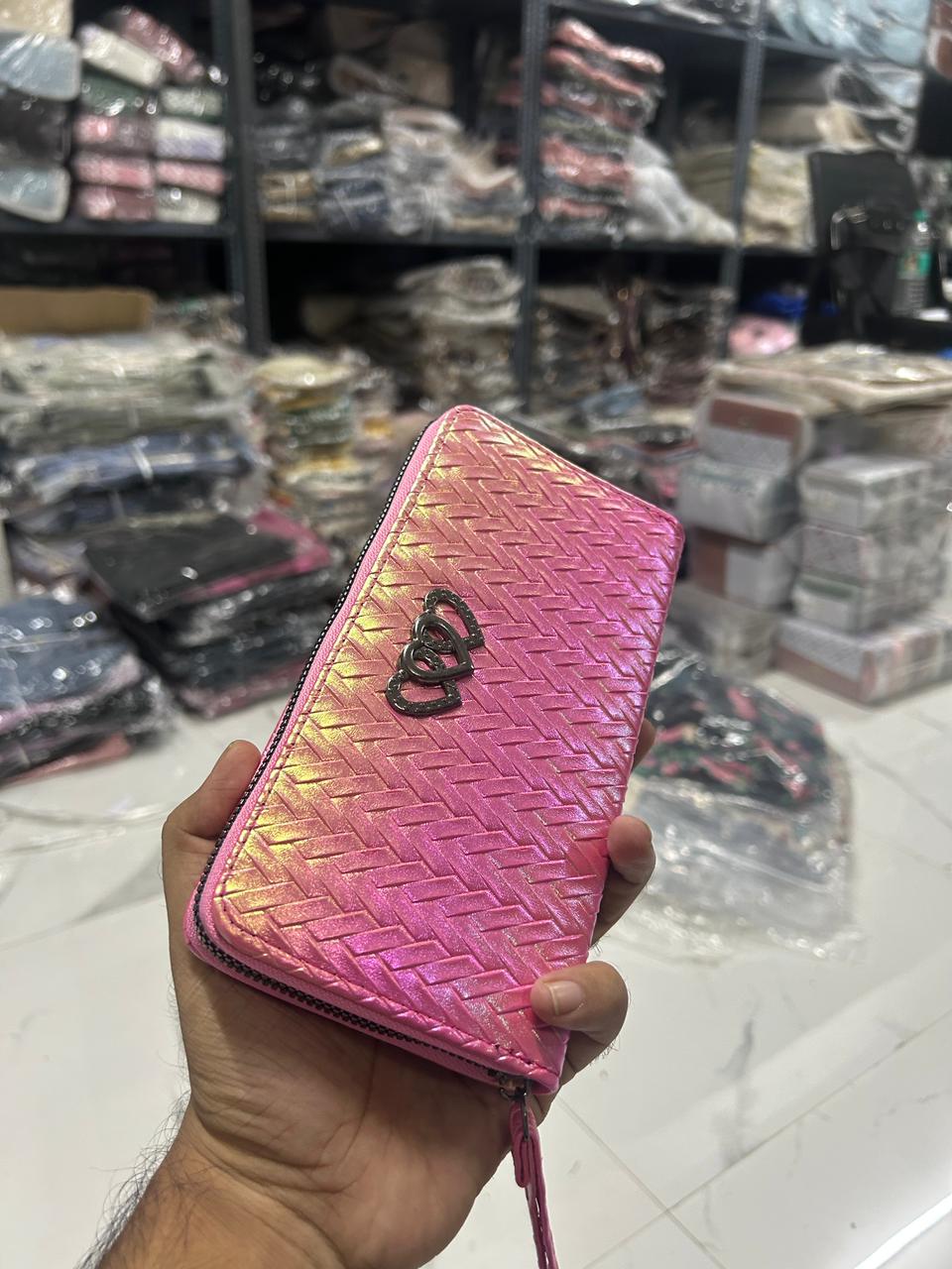 TRENDBUY Dhup Chhao Women's Wallet in Iridescent Pink with unique woven texture and heart emblem.