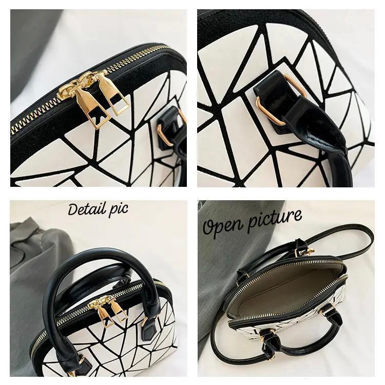 Detailed view of the white geometric Bao Bao handbag, showing golden zipper, handle attachment, top view, and open interior for organization