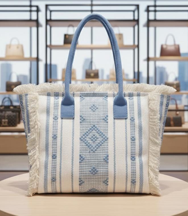 Front view of a TRENDBUY white and blue boho woven tote bag with blue fabric handles, displayed in a boutique setting.