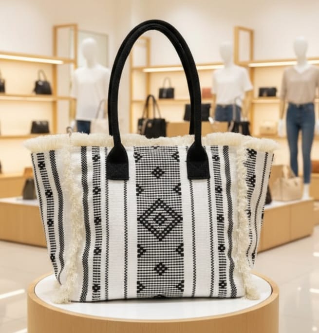 Front view of a TRENDBUY white and black geometric woven tote bag with black fabric handles, presented in a minimalist store environment.