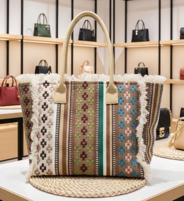 Front view of a TRENDBUY multi-color earthy floral woven tote bag with beige fabric handles, styled on a rattan mat.