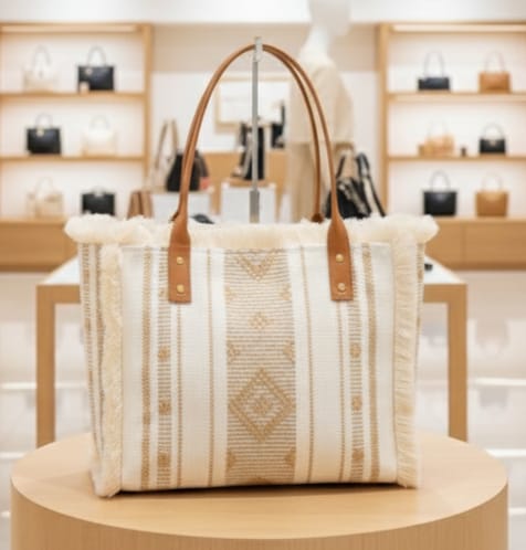 Front view of a TRENDBUY white and tan geometric woven tote bag with tan leather-look handles, displayed elegantly in a retail setting.