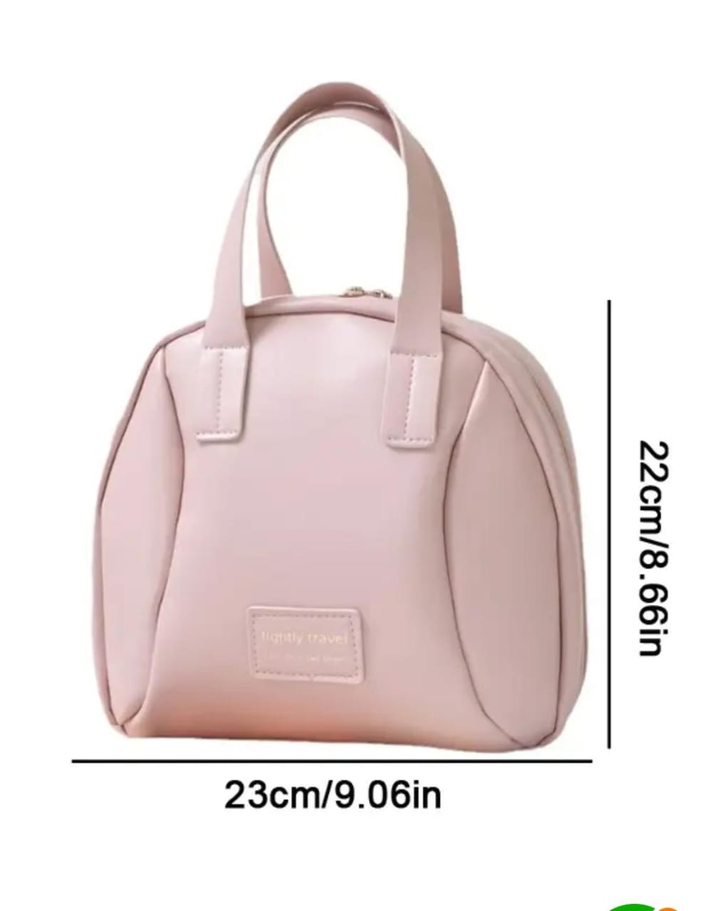 Pink large capacity travel makeup bag showing dimensions: 23cm width, 22cm height, with a top handle.