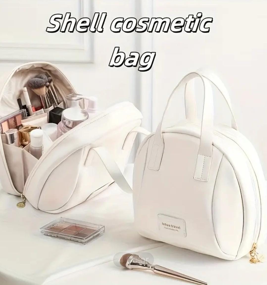 Two white 'shell cosmetic bag' organizers, one open displaying various makeup products and brushes, highlighting internal storage.