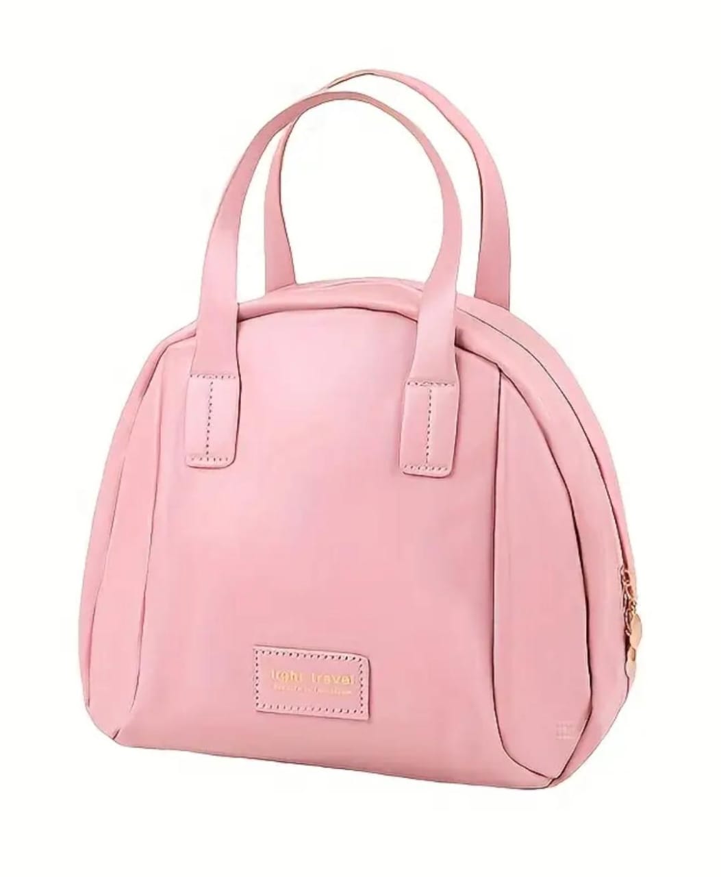 Front view of a stylish pink PU leather large capacity cosmetic bag with subtle 'lehuo travel' branding.