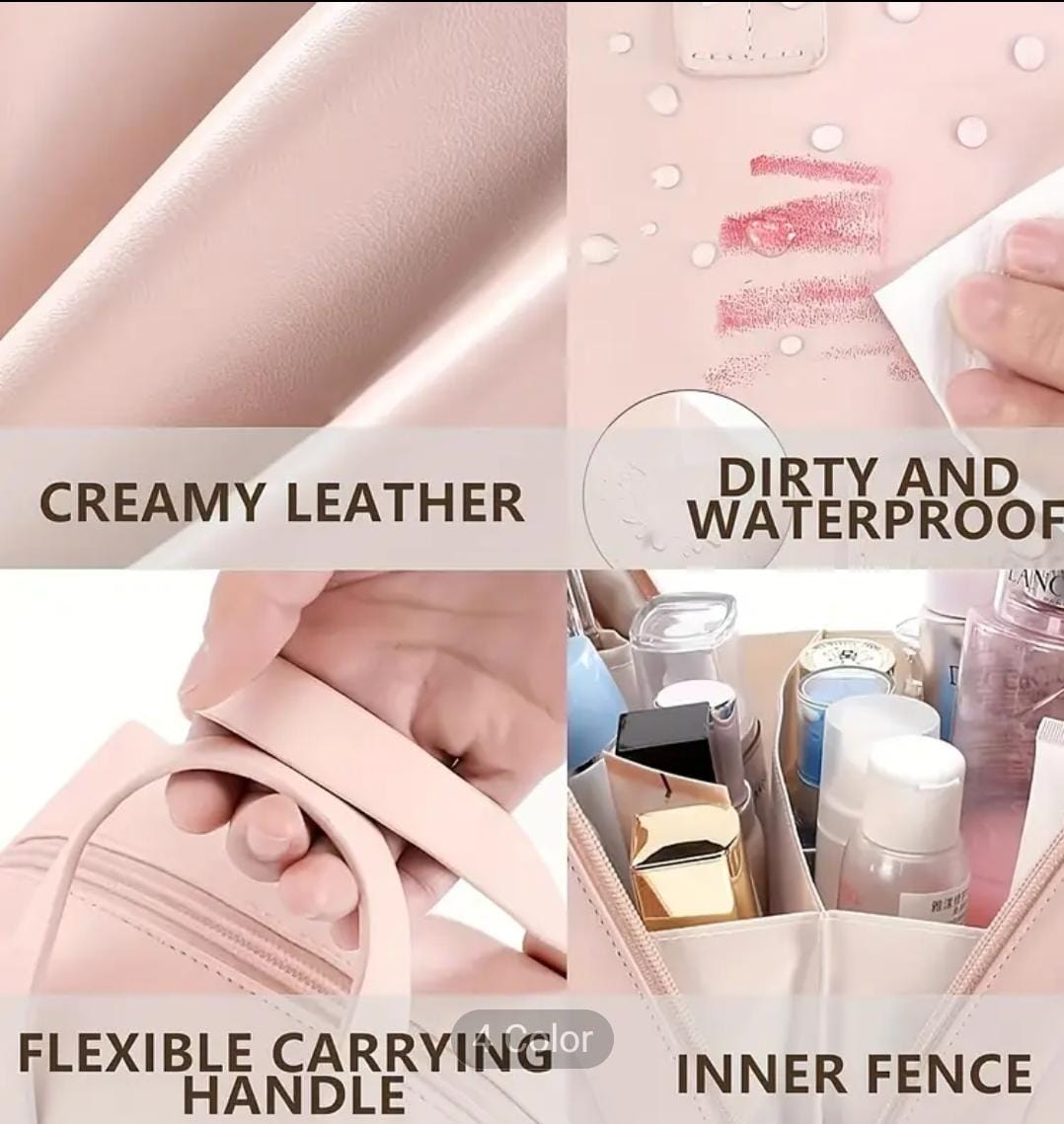 Collage showcasing features: 'Creamy leather' texture, 'Dirty and Waterproof' spill test, 'Flexible carrying handle' detail, and 'Inner fence' for organized storage.