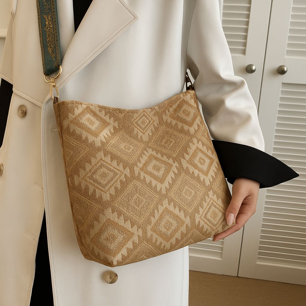 TRENDBUY beige geometric pattern bucket tote bag with wide strap, held by woman in white coat