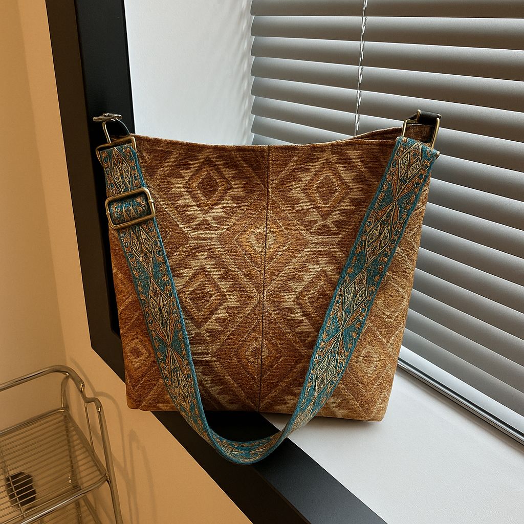 TRENDBUY beige geometric pattern bucket tote bag with turquoise wide strap, on window ledge